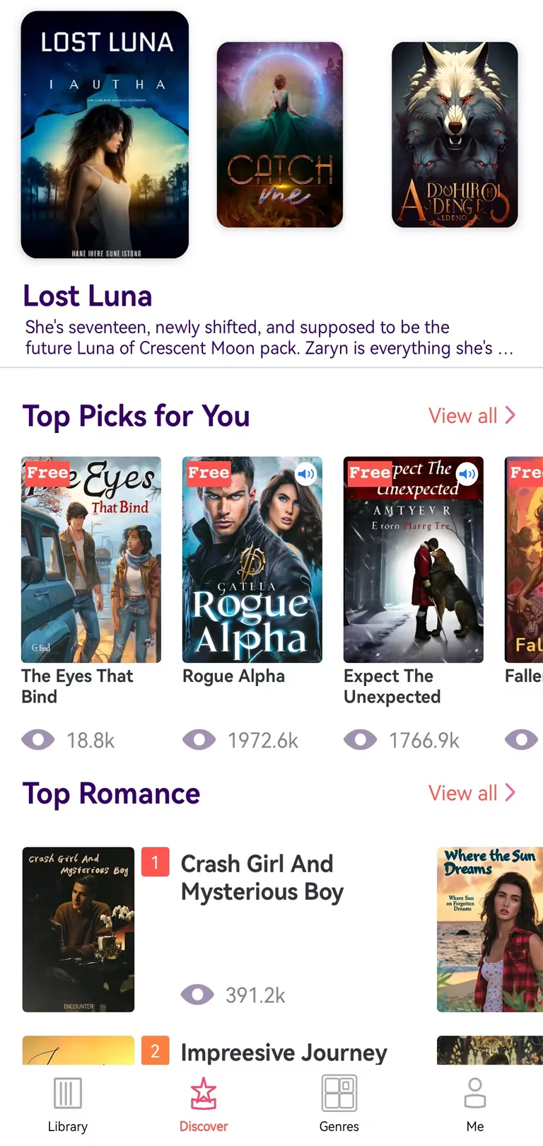 HoneyNovel app interface showing romance stories